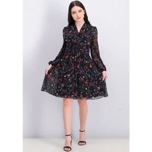 Gal Meets Glam Dress Black Cherry Floral Chiffon Vneck Pleated women's size 14